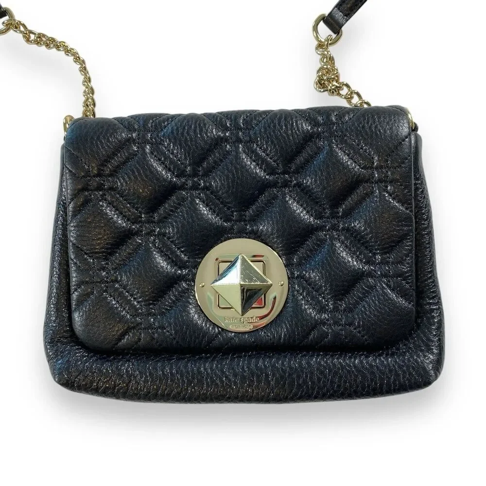 Kate Spade Quilted Leather Crossbody Purse Bag Chain Strap Black Small Shoulder - Picture 12 of 16